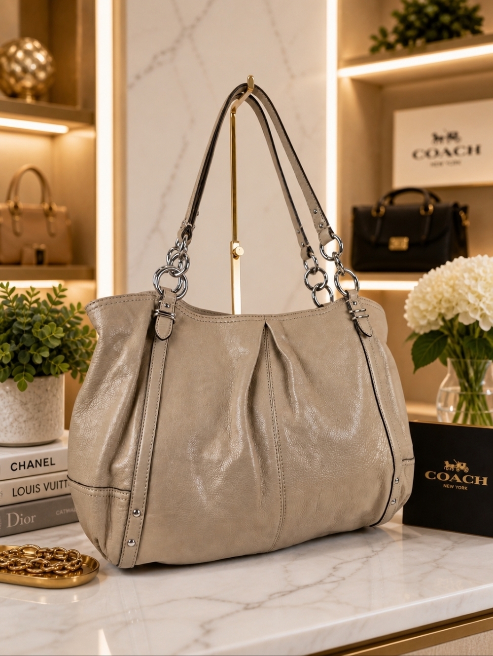 Coach Alexandra Y2K 16244 Beige Taupe Pebbled Leather Shoulder Tote Bag